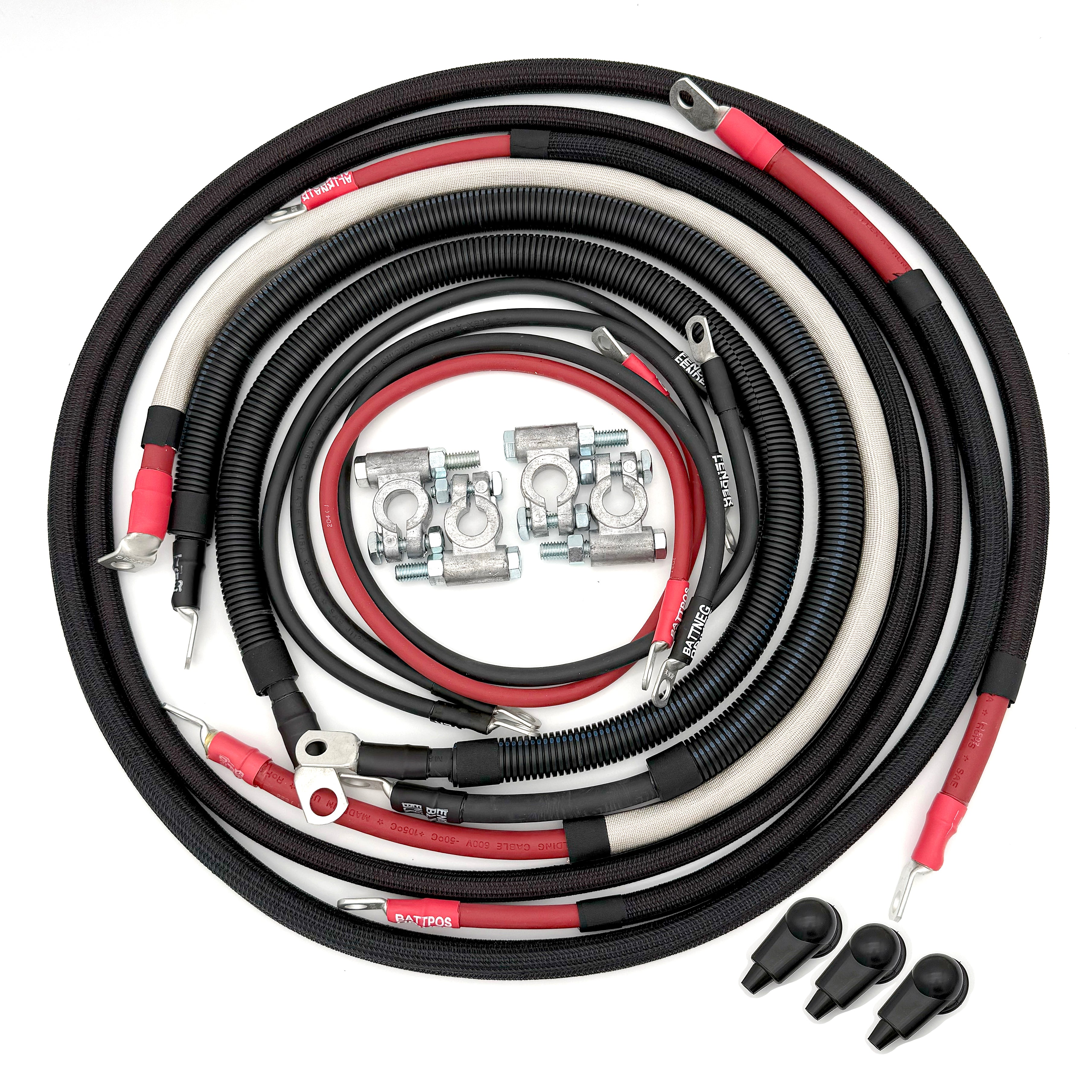 Dodge Cummins Gen 3 Big 7 Battery Cable Kit for 2003-2009 Dodge Ram 2500 and 3500 Cummins diesel trucks, complete battery and ground cable upgrade featuring premium copper wiring, military-style battery terminals, corrosion-resistant connections, and direct-fit installation for improved starting, charging, and electrical system performance.