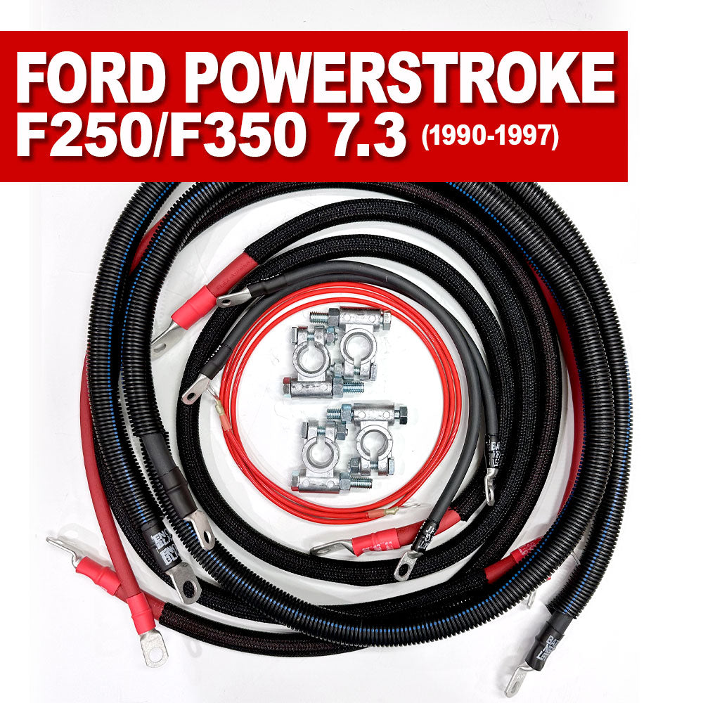 Ford Powerstroke 7.3 Diesel F250/F350 OBS battery cable kit (1990-1997), designed to improve electrical flow and enhance power delivery.
