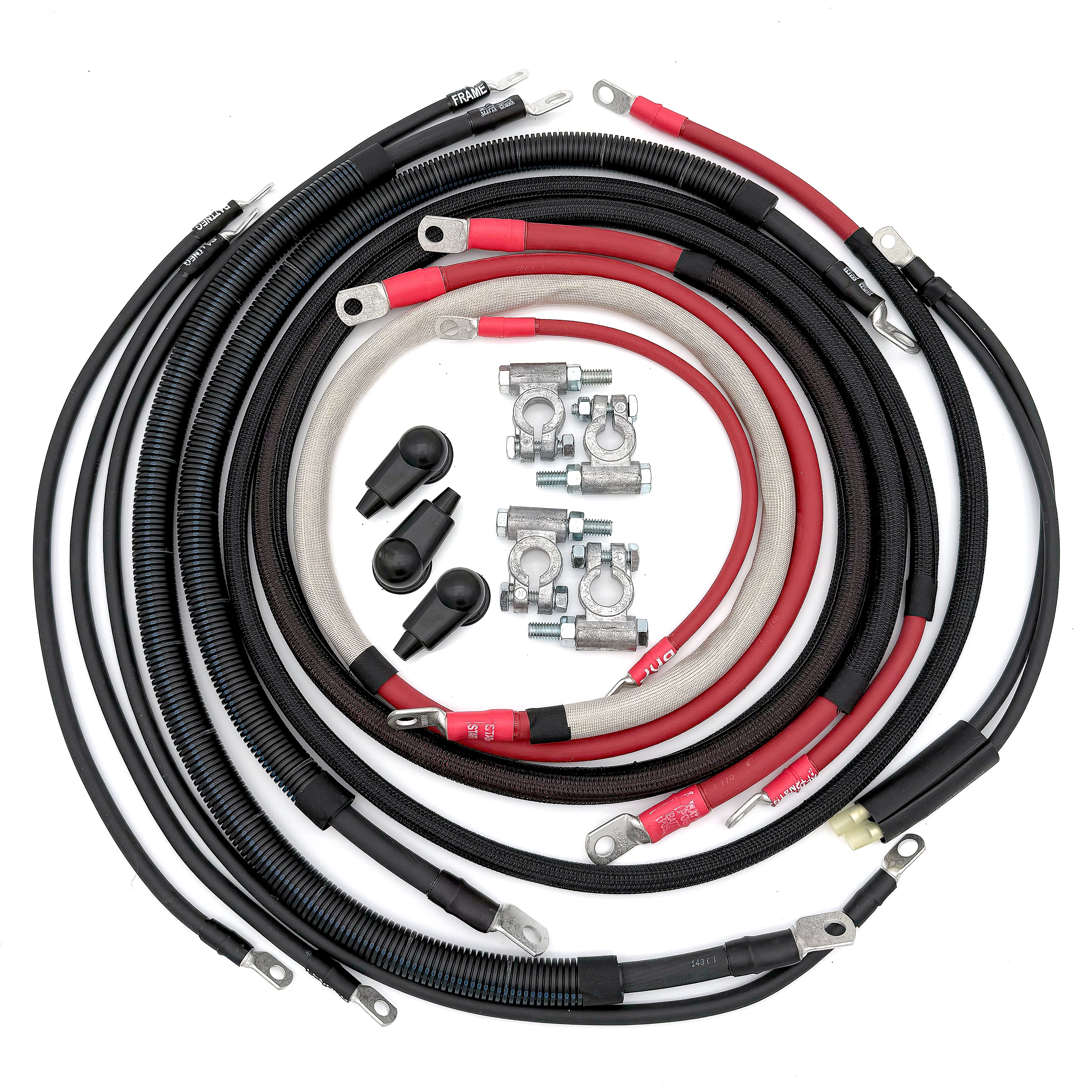 Dodge Cummins Gen 2 Big 7 Battery Cable Kit for 1994-2002 Dodge Ram 2500 and 3500 Cummins diesel trucks, complete battery and ground cable upgrade featuring premium copper wiring, military-style battery terminals, corrosion-resistant connections, and direct-fit installation for improved starting, charging, and electrical system performance.