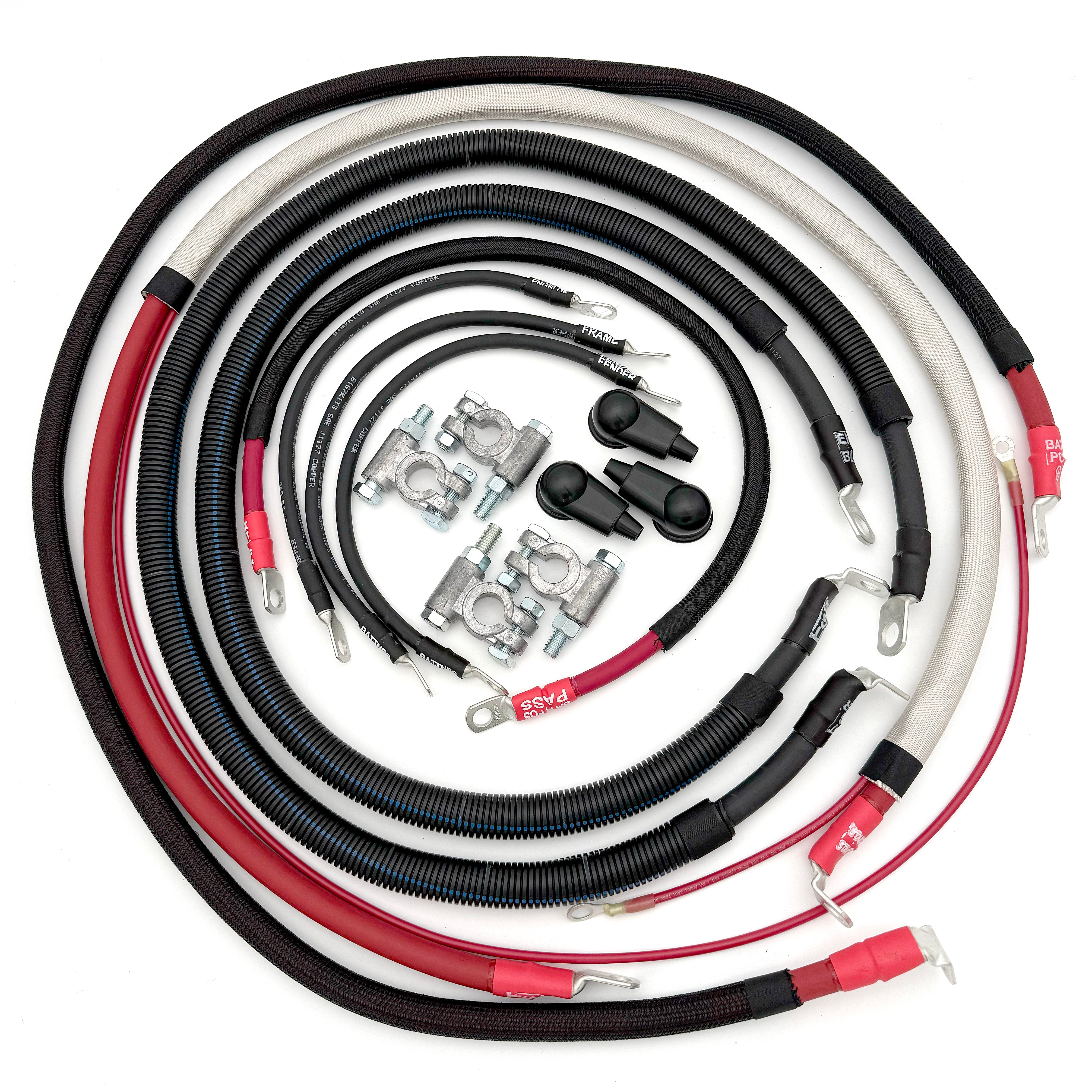 Ford Power Stroke OBS Big 7 Battery Cable Kit for 1990-1997 Ford F-Series and OBS Power Stroke trucks, complete battery and ground cable upgrade featuring premium copper wiring, military-style battery terminals, corrosion-resistant connections, and direct-fit installation for improved starting, charging, and diesel electrical system performance.