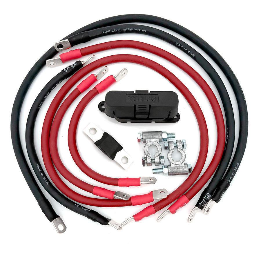 Jeep Wrangler TJ Big 7 Battery Cable Kit for 1997-2006 Jeep Wrangler TJ and LJ Unlimited models, complete battery and ground cable upgrade featuring premium copper wiring, military-style battery terminals, corrosion-resistant connections, and direct-fit installation for improved starting, charging, winch performance, and electrical system reliability.
